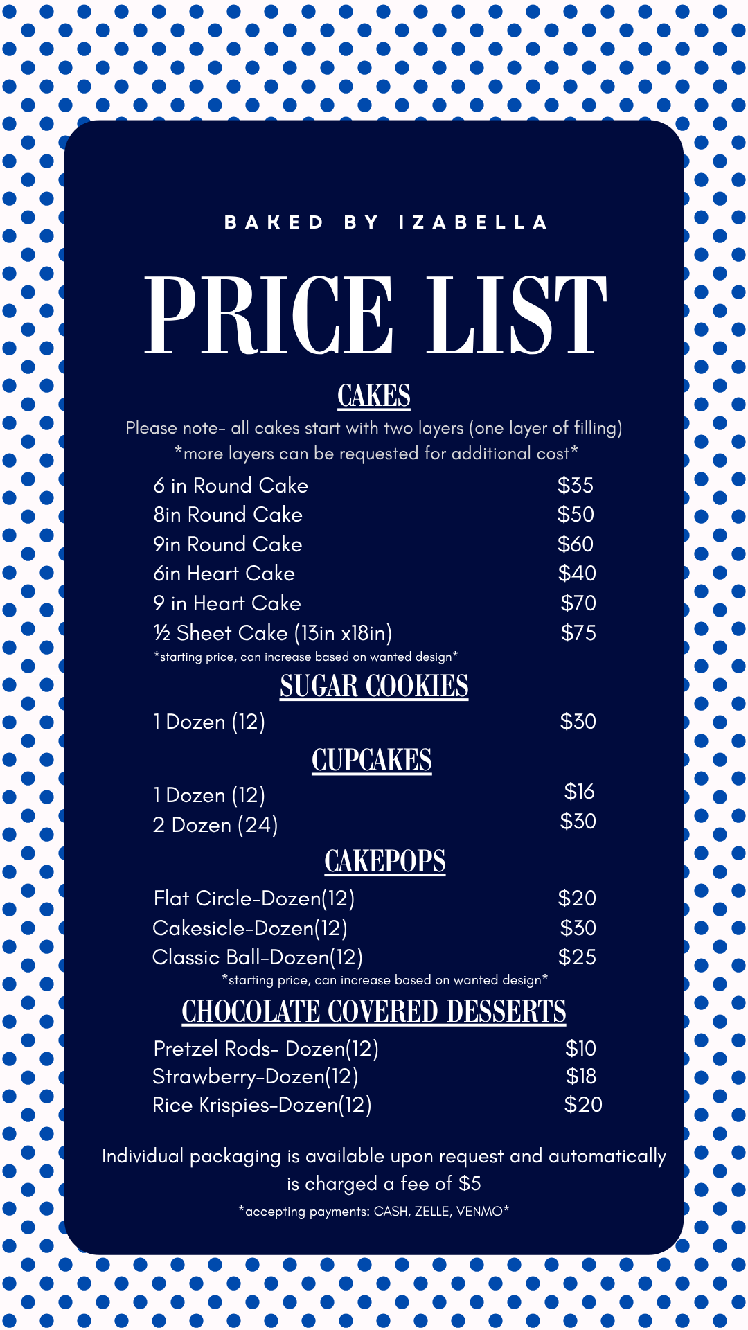 Updated Baked by Izabella price list menu